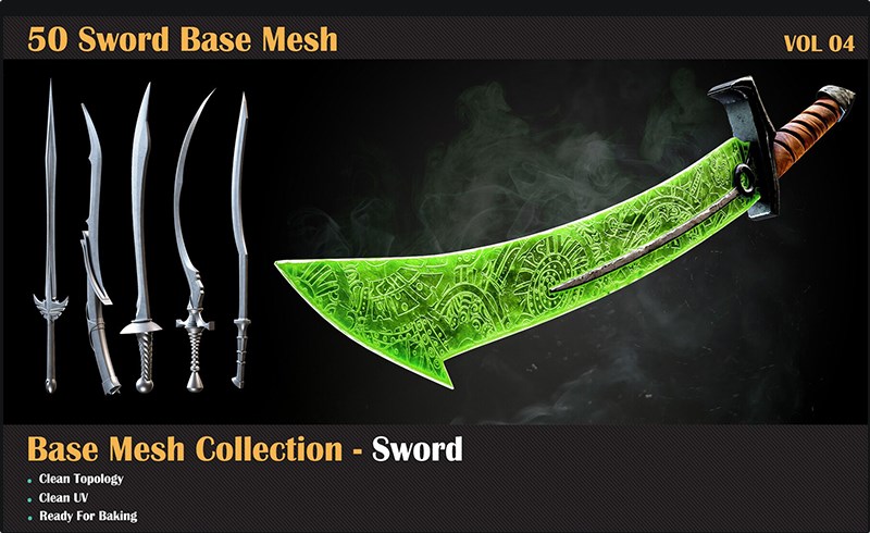 模型资产 – 50 种游戏剑模型 50 Sword Base Mesh – VOL 05 ( Game Ready )