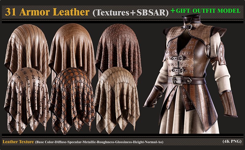 模型资产 – 31 种中世纪盔甲皮革材料和纹理 31 Armor Leather (Textures+SBSAR)