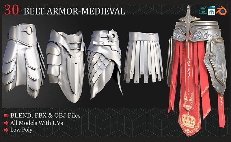 模型资产 – 30 组中世纪腰带护甲模型 Belt Armor-Medieval Base Mesh