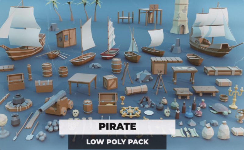 模型资产 – 风格化海盗船资产包 Pirate Low Poly Pack