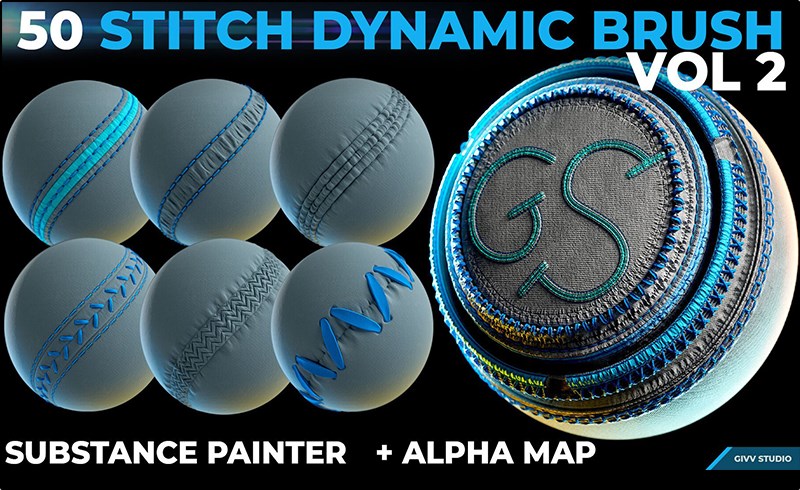 SP笔刷 – 针迹接缝笔刷 Dynamic Brush – Stitches and Seam VOL 2 (.sbsar)