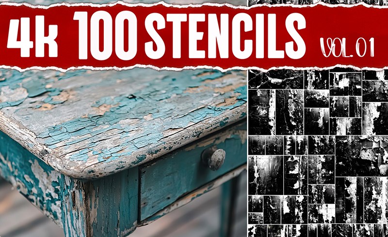 100 张脱皮裂痕污迹素材 100 4K PNG Stencil VOL.01 |4K PNG Imperfections