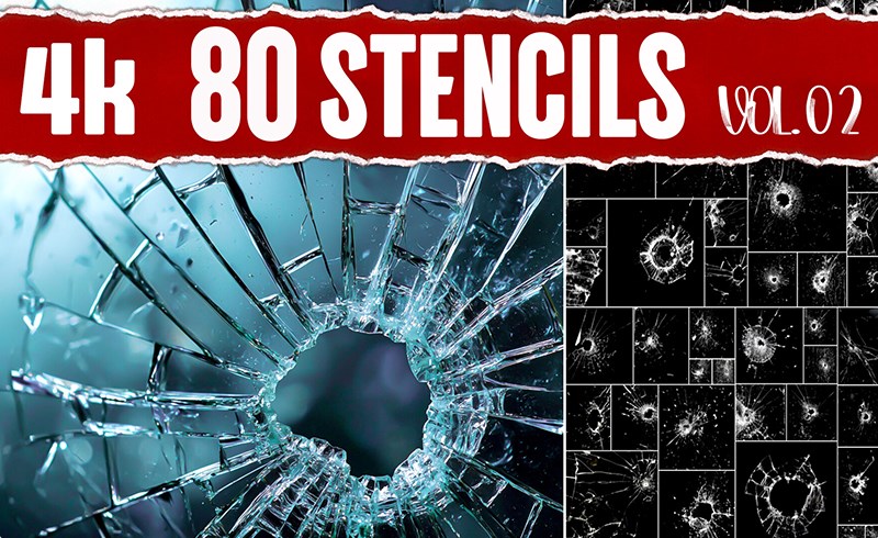 100 张玻璃破碎裂纹划痕纹理素材 100 4K PNG Stencil VOL.02|4K PNG Imperfections