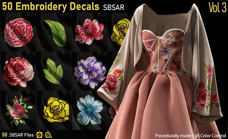 SP材质 – 50 组刺绣贴花 50-Embroidery Decals-SBSAR-Vol3