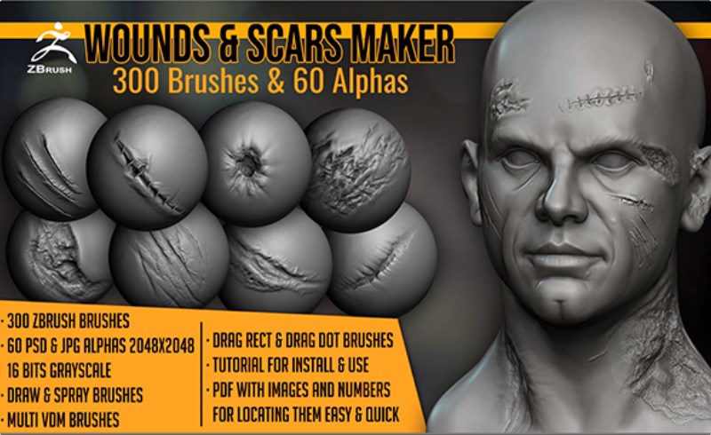 Zbrush笔刷 – 300 种伤口疤痕笔刷 Wounds and Scars Maker: 300 ZBrush Brushes And 60 Alphas