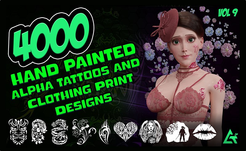 4000 张手绘纹身和服装贴花设计包 Hand Painted Alpha Tattoos and Clothing Print Designs (MEGA Pack) – Vol 9