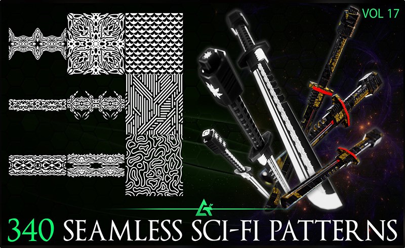 340 张无缝科幻图案纹理 340 Alpha Seamless Sci-Fi Patterns (MEGA Pack) – Vol 17