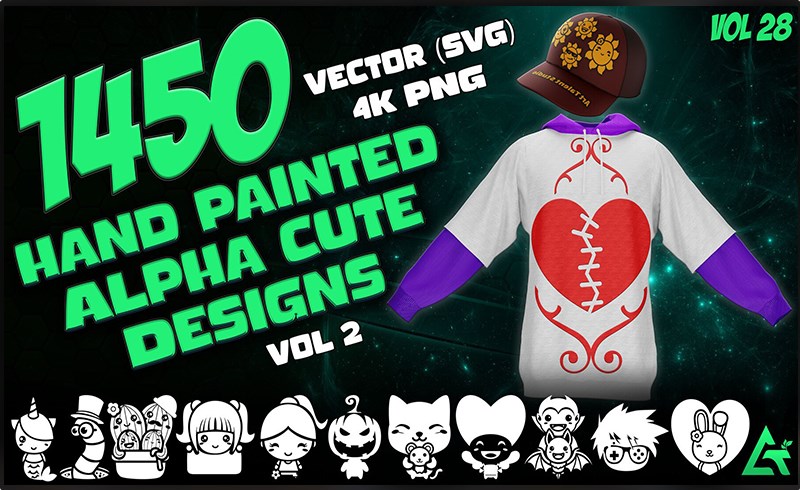 1450 张手绘可爱图案设计包 1450 Hand Painted Alpha Cute Designs (MEGA Pack) – Second version of Cute Designs – Vol 28