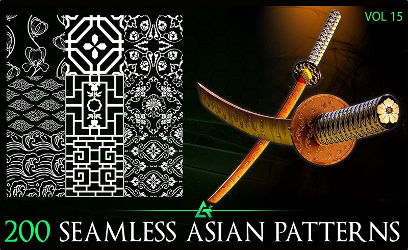 200 张无缝贴图纹理亚洲图案  200 Alpha Seamless Asian Patterns (MEGA Pack) – Vol 15