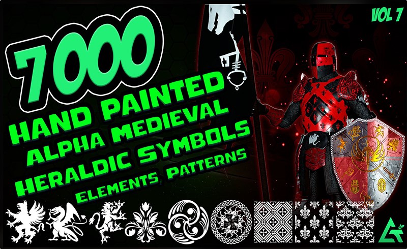 7000 张中世纪纹章符号元素图案 Hand Painted Alpha Medieval Heraldic Symbols, Elements and Patterns- Vol 7