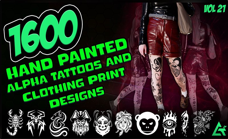 1600 张手绘纹身和服装印花设计包 1600 Hand Painted Alpha Tattoos and Clothing Print Designs (MEGA Pack) – Vol 21