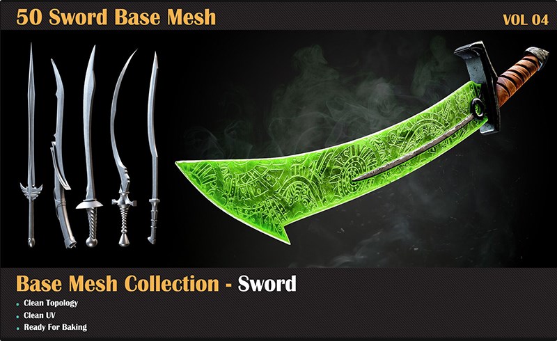 模型资产 – 50 个游戏模型武器模型 50 Sword Base Mesh – Vol 05 ( Game Ready )