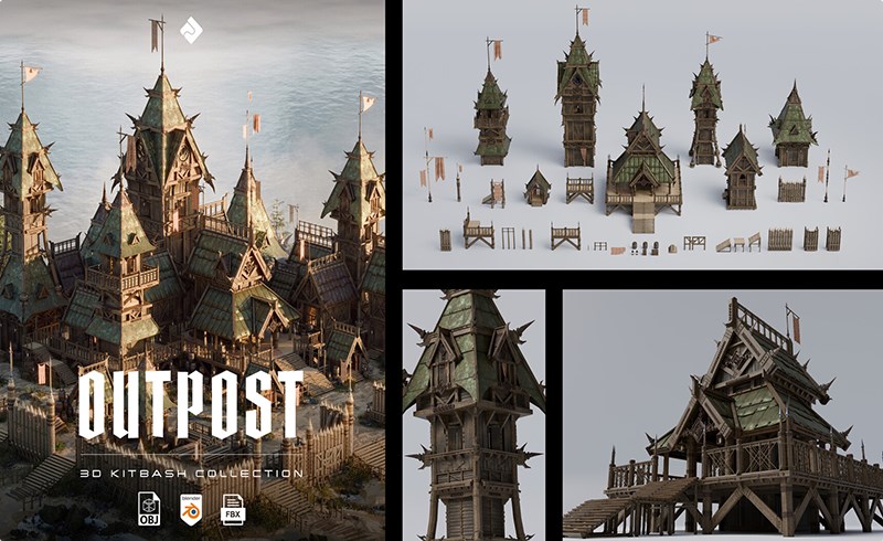 模型资产 – 中世纪军事建筑瞭望塔模型 Outpost – Medieval Military Buildings 3D Kitbash Pack