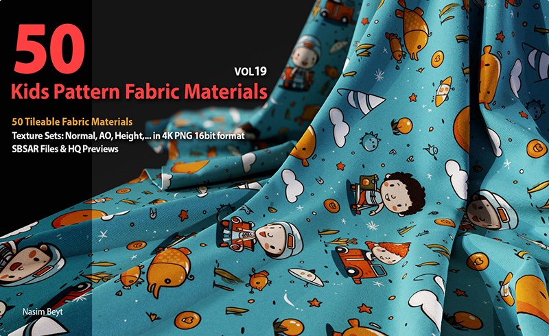 50 种可平铺的儿童图案布料材料 50 Tileable Kids Pattern Fabric Materials-VOL19. SBSAR+4K PBR Materials