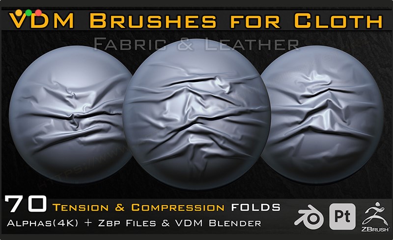 Zbrush笔刷 – 70 组布料皮革织物褶皱笔刷  70 VDM Brushes Cloth Leather & Fabric Brushes