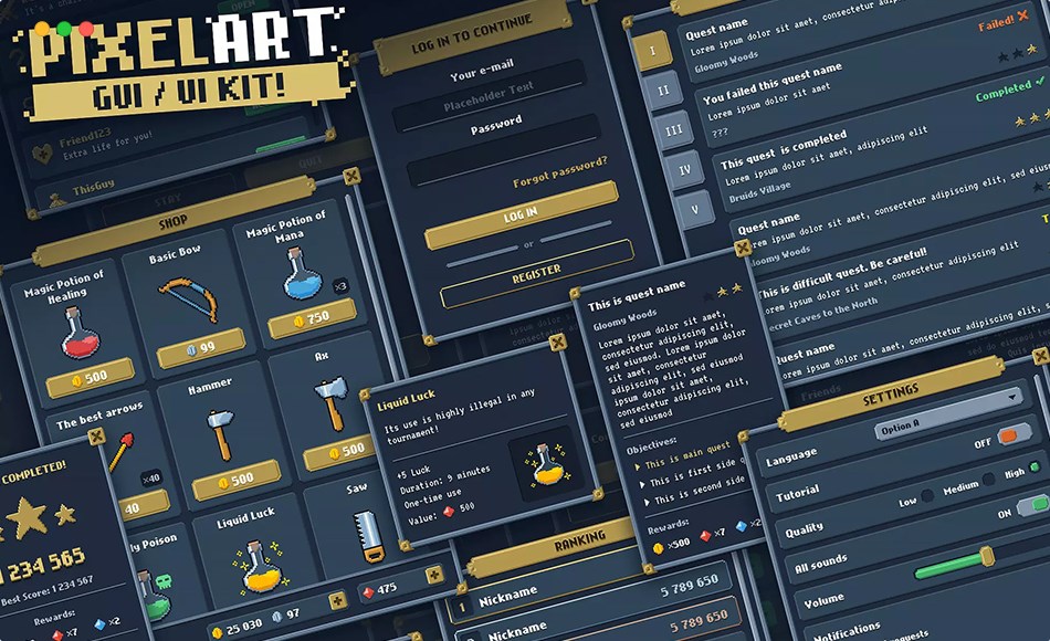 Unity资产 – 风格化像素图标套件 Pixel Art Full GUI / UI Kit + 151 icons!