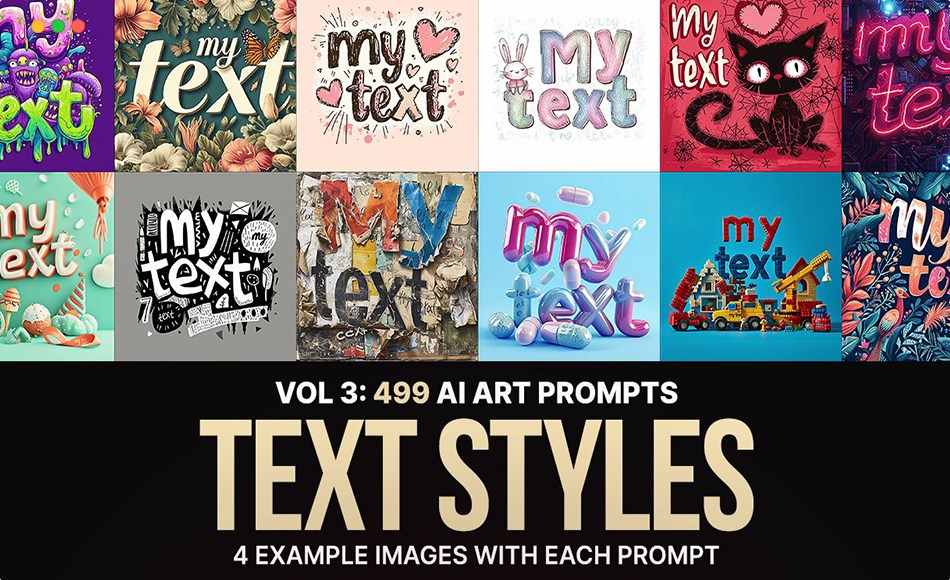 AI 提示词风格化字体 499 Midjourney Prompts for Text Styles: Vol 3
