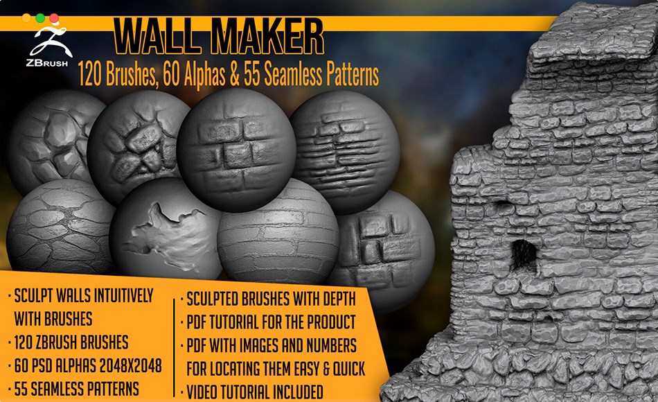 ZBrush笔刷 – 120 组墙壁石砖笔刷 Wall Maker 120 ZBrush Brushes, 60 Alphas, and 55 Patterns