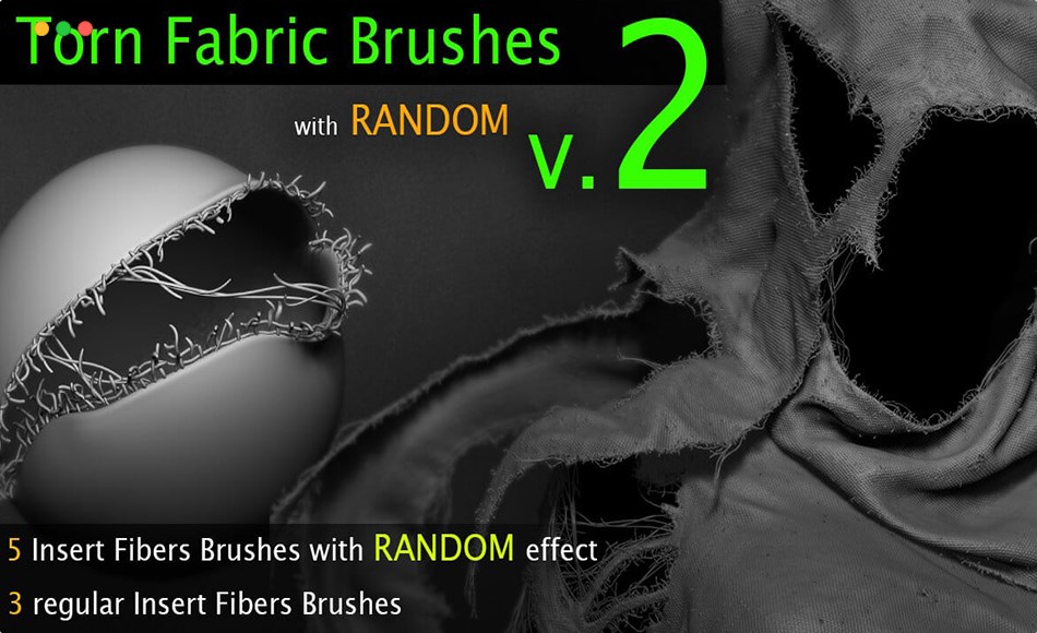Zbrush笔刷 – 纤维撕裂笔刷 Torn Fabric v2 (with raondom options)