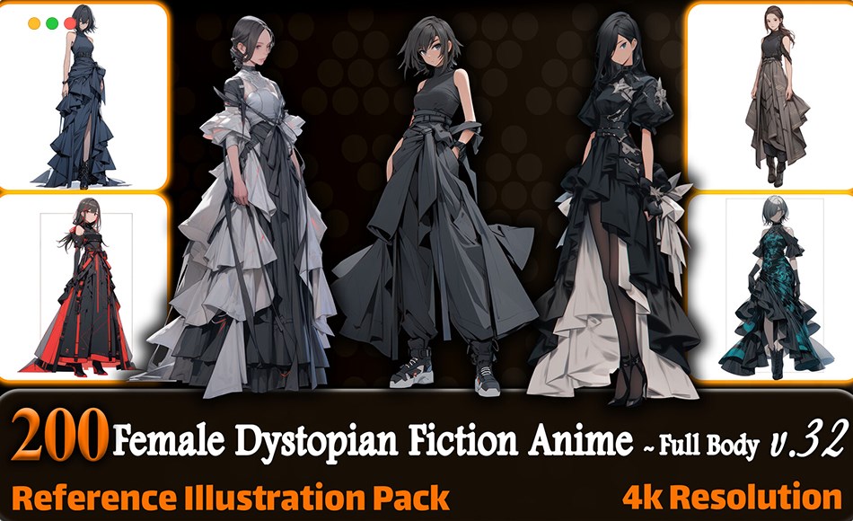 200 张动漫女性服装参考照片 200 Female Dystopian Fiction Anime (Full Body) Reference Pack v.32