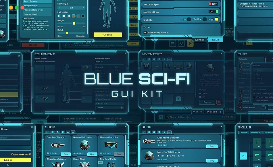 Unity资产 – 蓝色科幻 UI 套件 Blue Sci-fi GUI Kit + 250 icons!