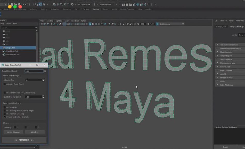 Maya插件 – 模型拓扑3边面转4边面 Exoside QuadRemesher