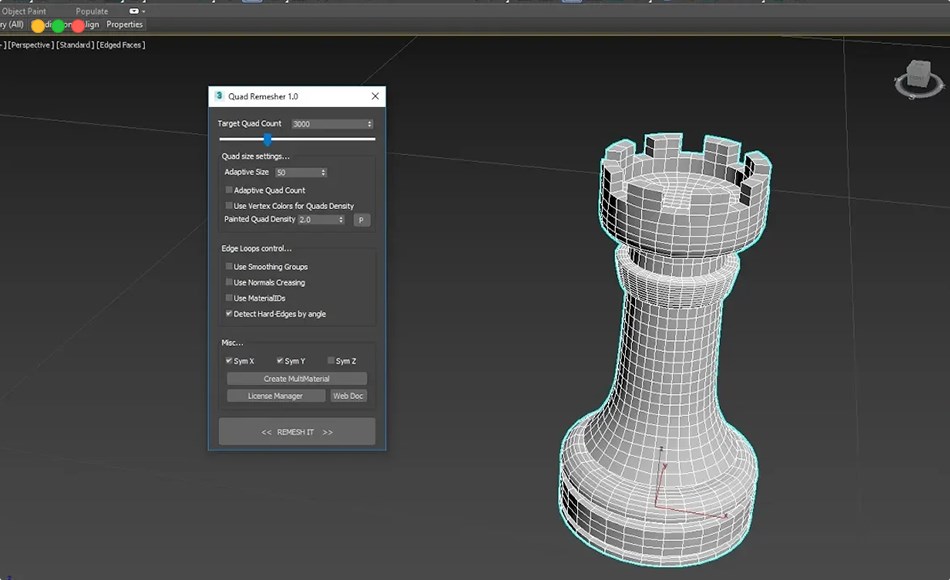 3Dmax插件 – 模型拓扑3边面转4边面 Exoside QuadRemesher