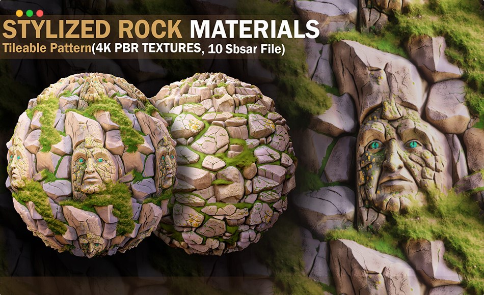 SP材质 – 10 种风格化的岩石材质 10 STYLIZED ROCK Materials (SBSAR +Textures)