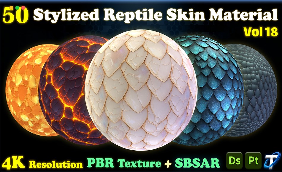 SP材质 – 50 组风格化动物皮肤和鳞片材质 50 Stylized Reptile Skin and Scale Materials