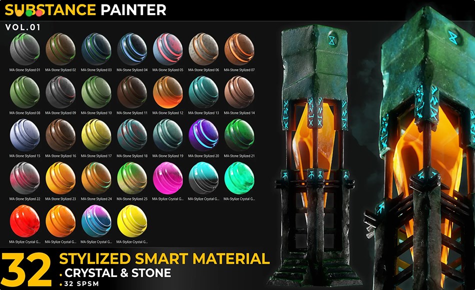 SP材质 – 32 组风格化水晶智能材质 32 Stylized Smart Materials Stone & Crystal (gem) Vol 01