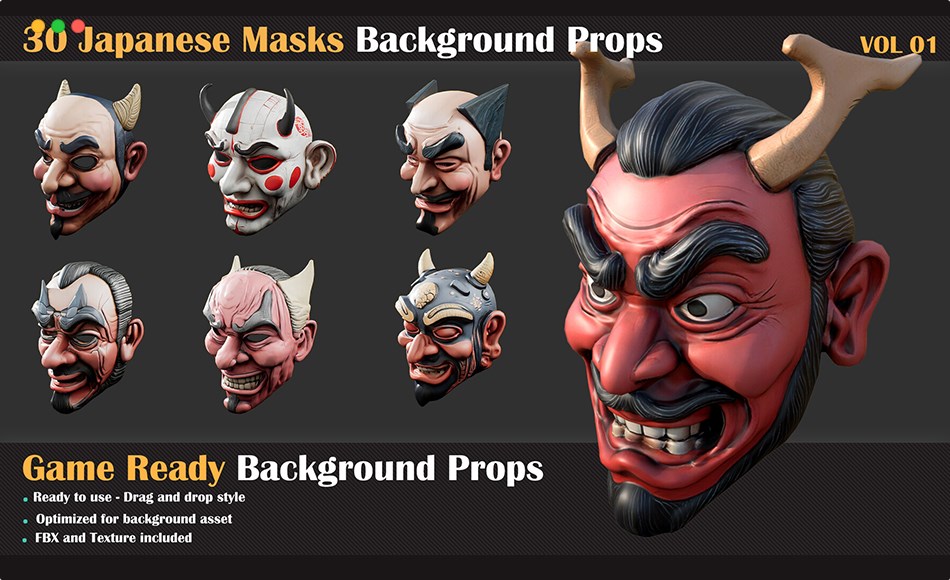 模型资产 – 日本面具道具模型 30 Japanese Masks Background Props Vol 01 3D Model