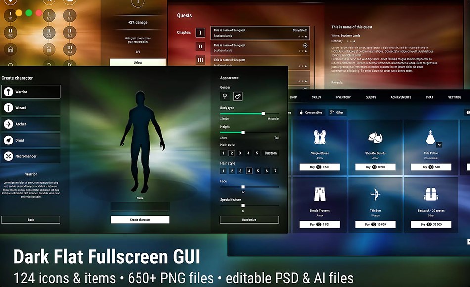 Unity资产 – 图形用户界面套装 Dark Flat Fullscreen GUI / UI Kit – over 650 PNG!