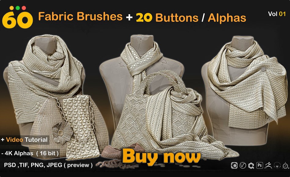 60 款织物布料纹理+20 个纽扣 Fabric Textures+20 Buttons / Alphas Vol 01