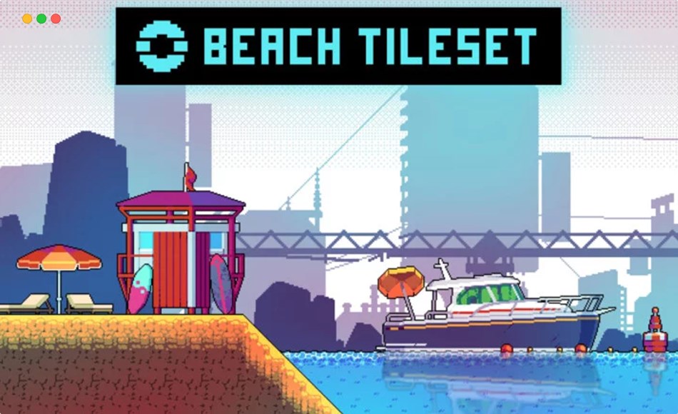 赛博朋克海滩像素游戏资产 Beach Pixel Art Tileset for Cyberpunk Topic