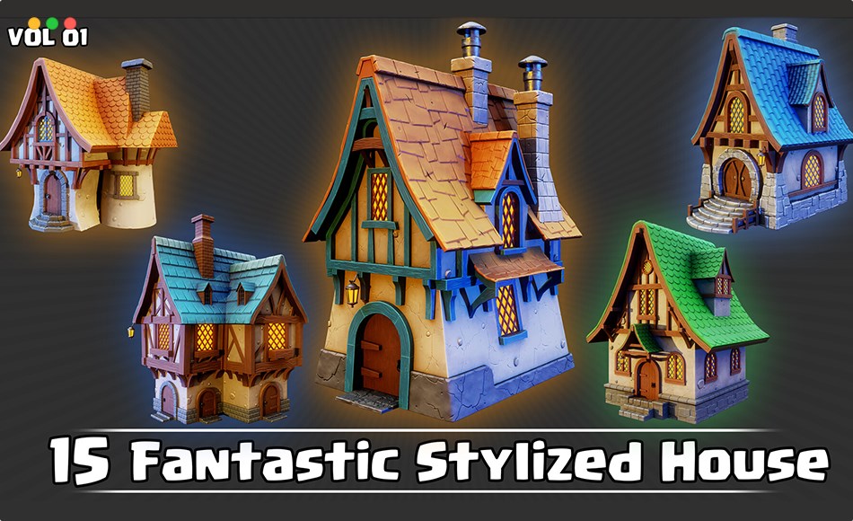 模型资产 – 风格化梦幻房屋 15 Fantastic Stylized Houses Game Ready VOL01