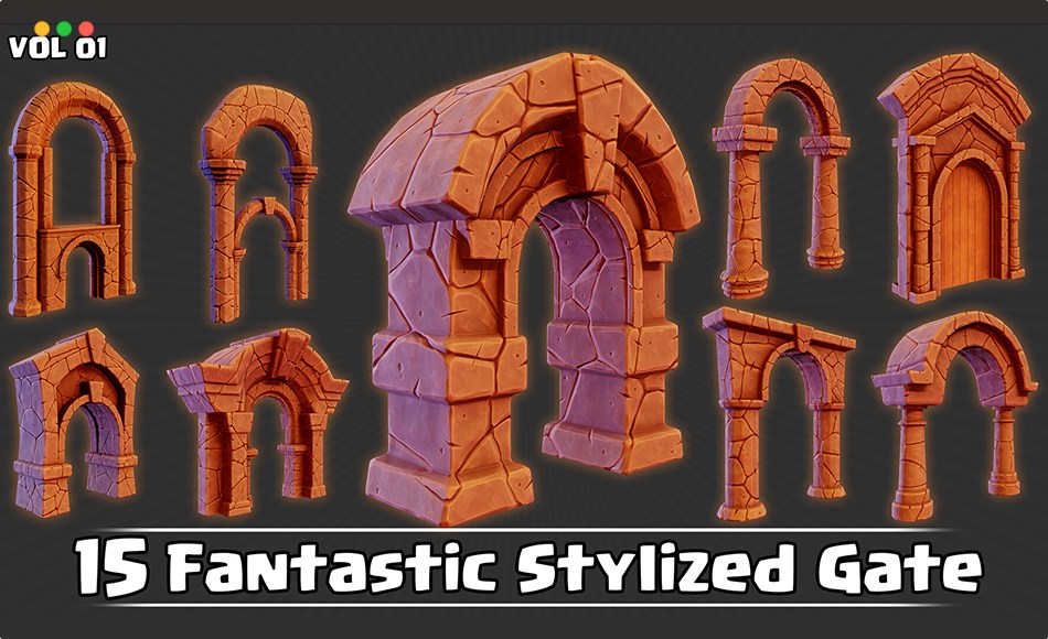 模型资产 – 风格化梦幻大门 15 Fantastic Stylized Gates Game Ready VOL01