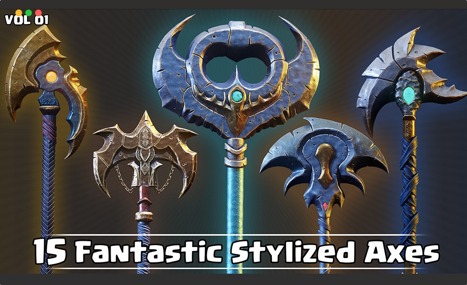 模型资产 – 风格化斧头游戏武器 15 Fantastic Stylized Axes Game Ready VOL01