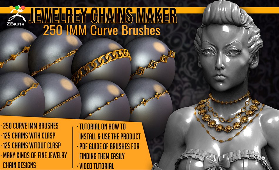 Zbrush笔刷 – 珠宝手链笔刷 Jewelry Chains Maker 250 ZBrush Curve IMM Brushes
