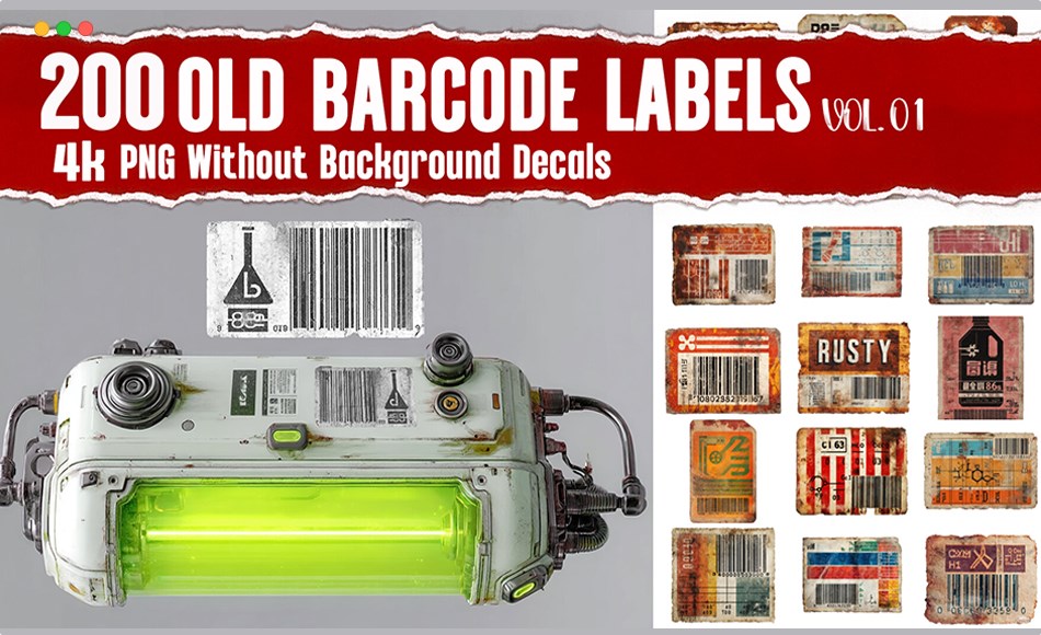 200 张老旧条形码贴花 Old Barcode Label |4K PNG Decals