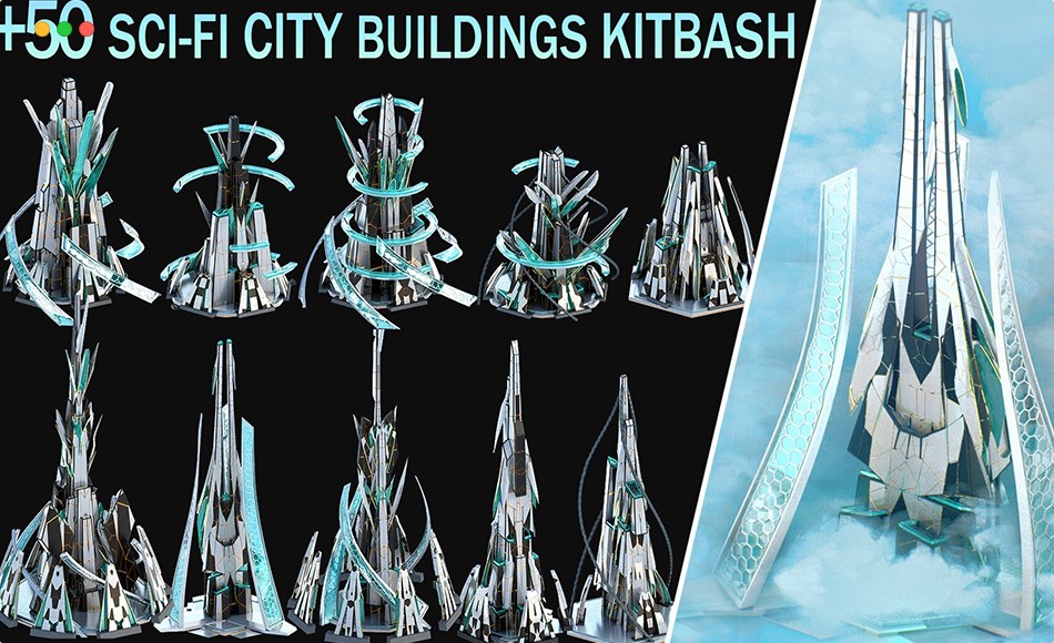 模型资产 – 50 款未来科幻城市建筑套装 50 Sci-Fi Futuristic Fantasy City Building Kitbash Pack