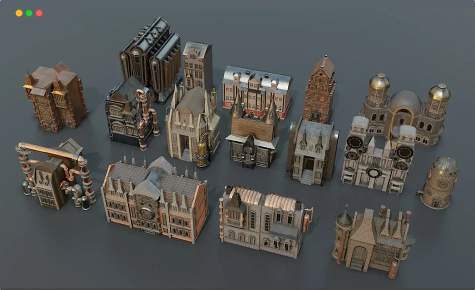 模型资产 – 蒸汽朋克风格建筑模型 Steampunk Kitbash + Textures For Concept And Game