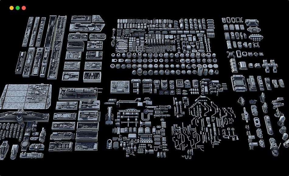 模型资产 – 科幻飞船零件硬表面模型 Sci-Fi KitBash and Props Pack (Full set)