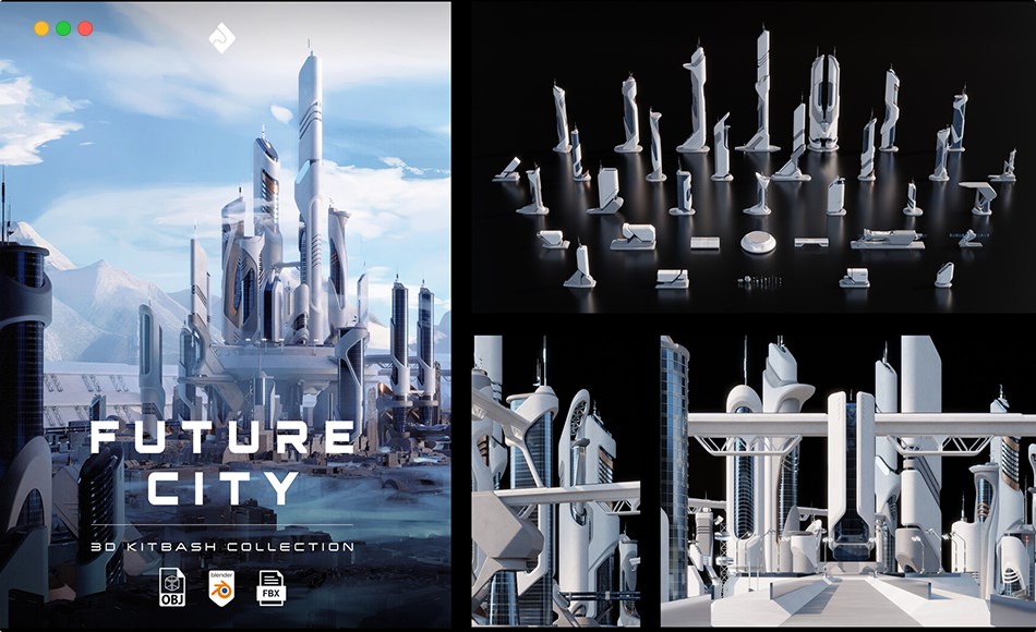 模型资产 – 未来派摩天大楼建筑模型 Future City – Futuristic Skyscrapers, Buildings & Environment 3D Asset Kitbash Pack