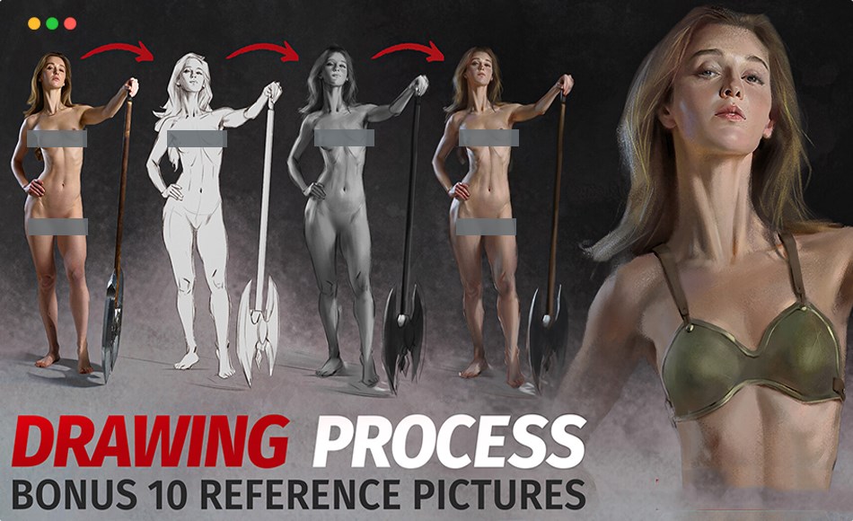 PS教程 – 女战士角色手绘教程 Warrior Female Drawing Process Video