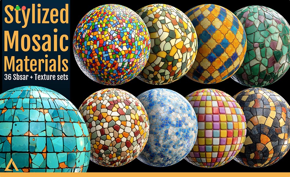 SP材质 – 风格化马赛克材质 36 Stylized Mosaic Base Materials (SBSAR + Textures)
