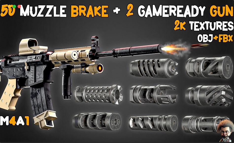模型资产 – 枪口消音器模型+纹理 50 Muzzle Brake + 2 Game Ready Gun + Textures