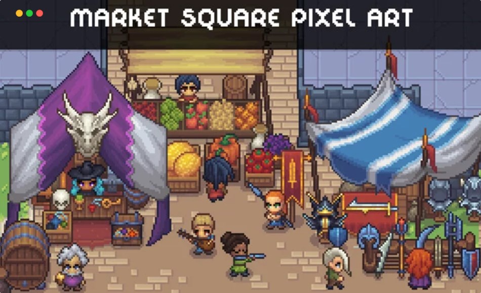 风格化中世纪 NPC 商店 Pixel Art Market Square – RPG Shop and NPC Assets Pack
