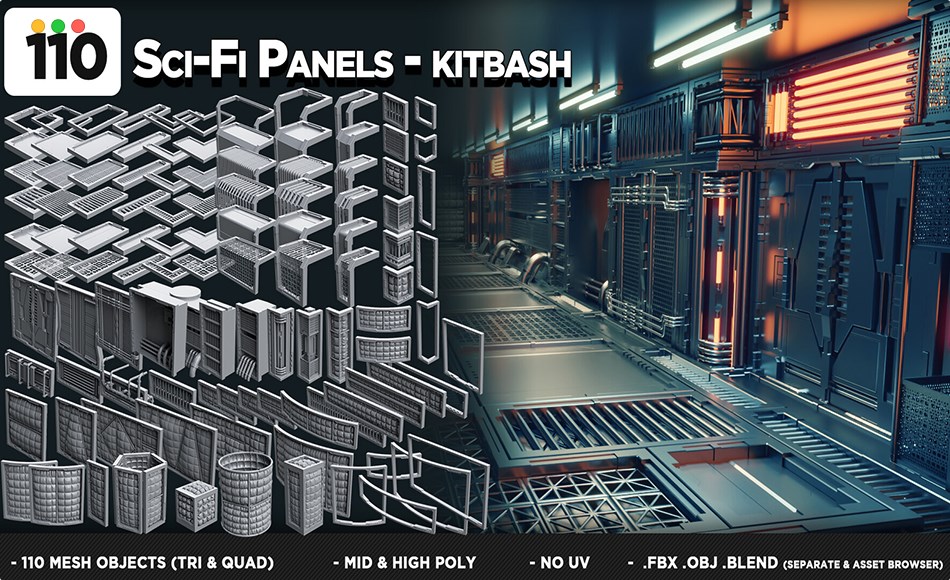 模型资产 – 110 种科幻硬表面面板模型 110 Sci-Fi Panels – KITBASH