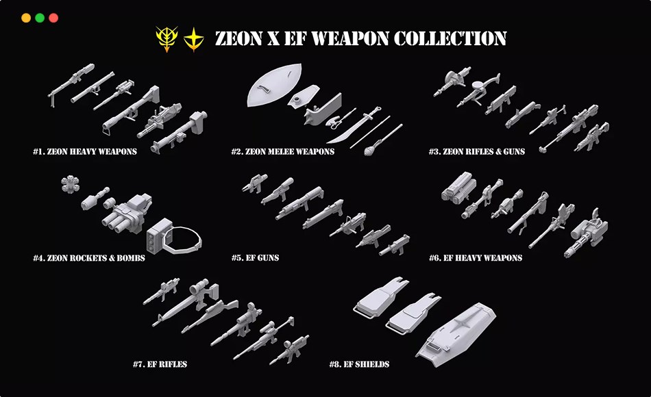 模型资产 – 高达武器模型 Gundam Zeon X Earth Federation Weapon Collection 3D model
