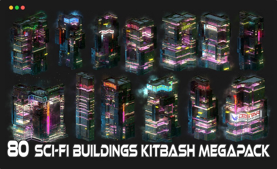 模型资产 – 80 种赛博朋克城市建筑 Sci-Fi Cyberpunk City Building Kitbash Pack